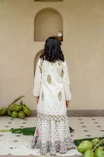 White cotton printed kurta lehenga and dupatta for girls