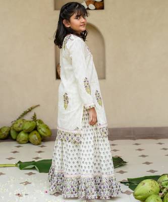 White cotton printed kurta lehenga and dupatta for girls 3