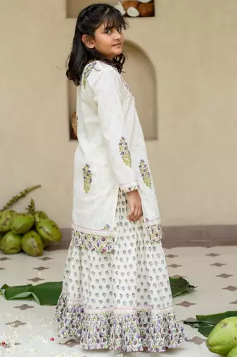 White cotton printed kurta lehenga and dupatta for girls
