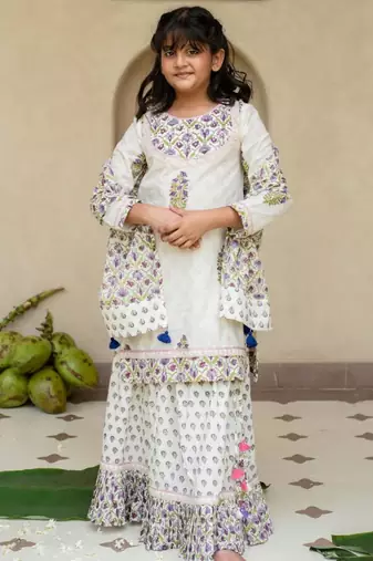 White cotton printed kurta lehenga and dupatta for girls