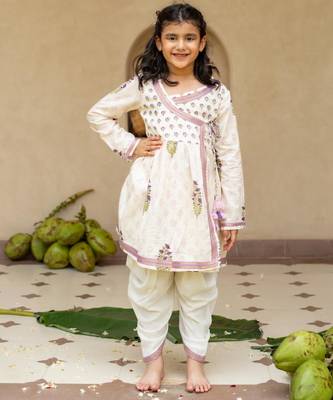 White cotton printed kurti and dhoti for girls 1
