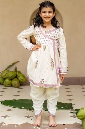 White cotton printed kurti and dhoti for girls
