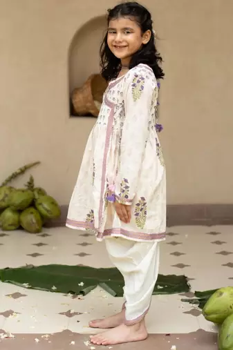 White cotton printed kurti and dhoti for girls