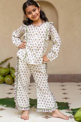 White cotton printed top and pant for girls
