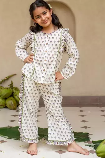 White cotton printed top and pant for girls