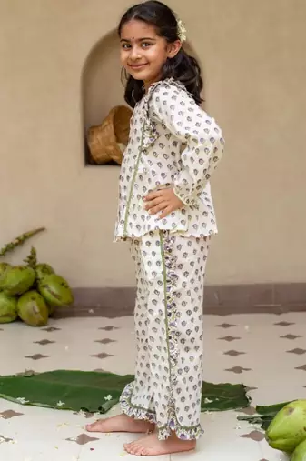White cotton printed top and pant for girls