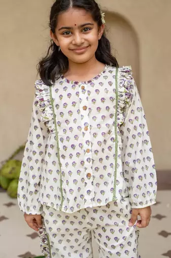 White cotton printed top and pant for girls