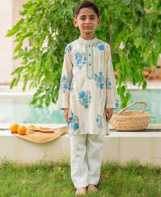 Green cotton printed kurta pajama for boys 1