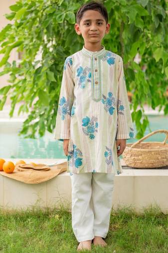 Green cotton printed kurta pajama for boys