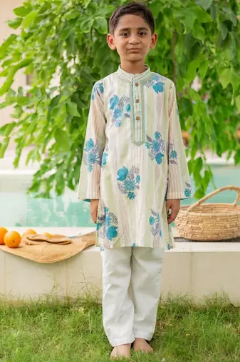 Green cotton printed kurta pajama for boys