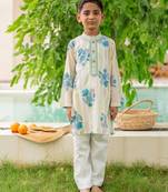Green cotton printed kurta pajama for boys