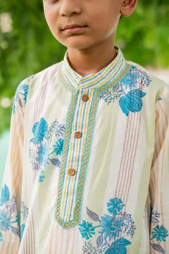 Green cotton printed kurta pajama for boys