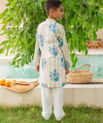 Green cotton printed kurta pajama for boys 3
