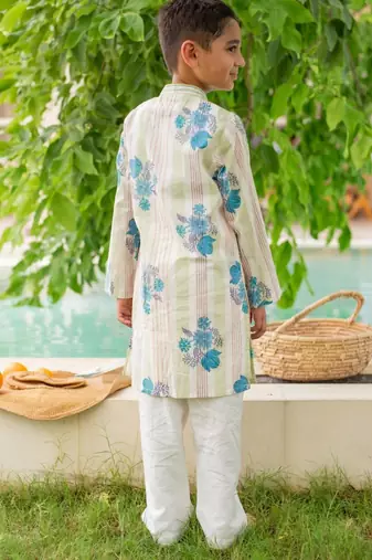 Green cotton printed kurta pajama for boys