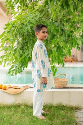 Green cotton printed kurta pajama for boys 4