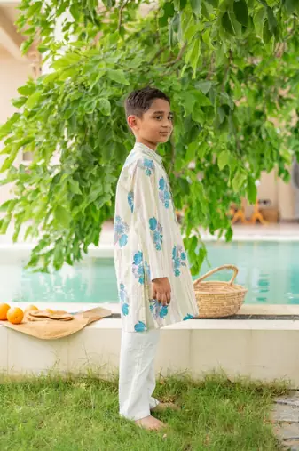 Green cotton printed kurta pajama for boys