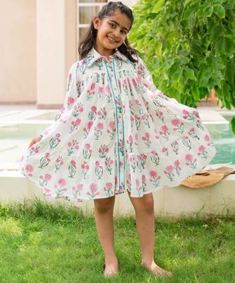 White cotton printed dress for girls 1