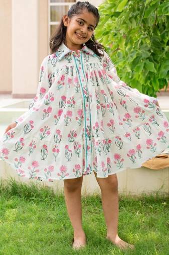 White cotton printed dress for girls