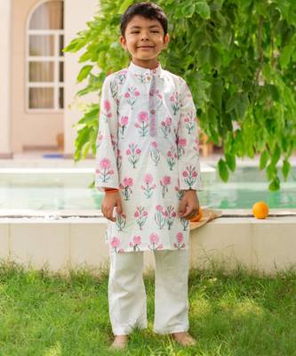 Pink cotton printed kurta pajama for boys 1