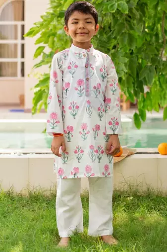 Pink cotton printed kurta pajama for boys