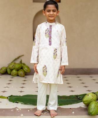 White cotton printed kurta pajama for boys 1