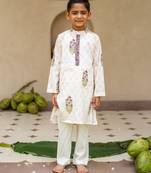 White cotton printed kurta pajama for boys