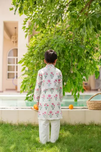 Pink cotton printed kurta pajama for boys