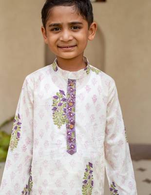 White cotton printed kurta pajama for boys 4