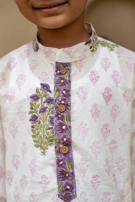 White cotton printed kurta pajama for boys 5