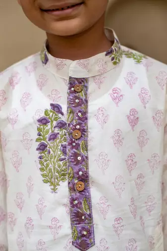 White cotton printed kurta pajama for boys