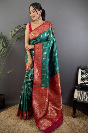 Rama green soft silk paisley zari weaving banarasi saree with contrast weaving border