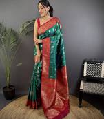 Rama green soft silk paisley zari weaving banarasi saree with contrast weaving border