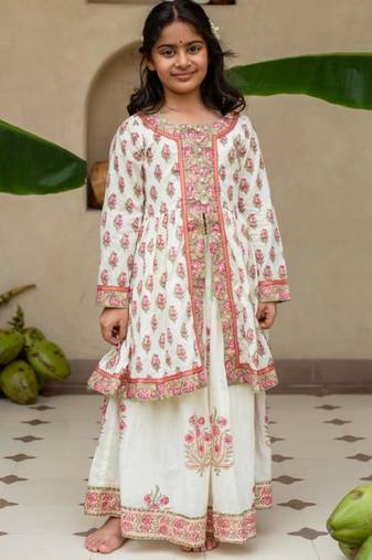 White cotton printed top and skirt for girls