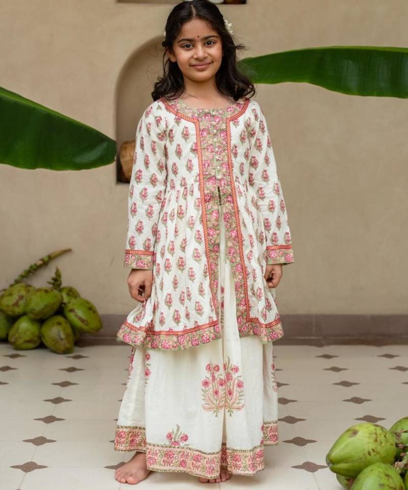 White cotton printed top and skirt for girls