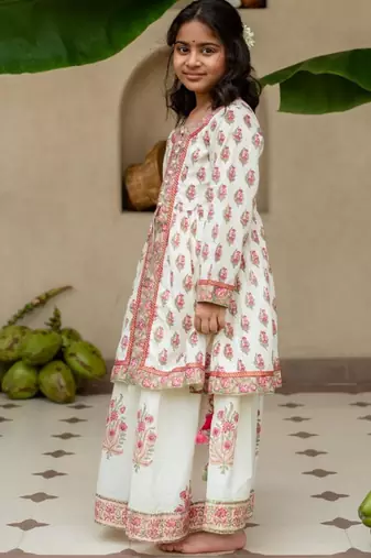 White cotton printed top and skirt for girls