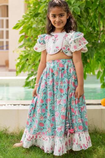 Blue cotton printed blouse and Lehenga for girls