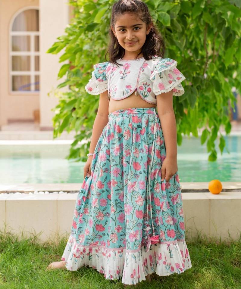 Blue cotton printed blouse and Lehenga for girls