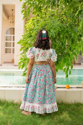 Blue cotton printed blouse and Lehenga for girls 2