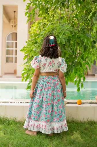 Blue cotton printed blouse and Lehenga for girls