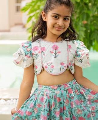 Blue cotton printed blouse and Lehenga for girls 3