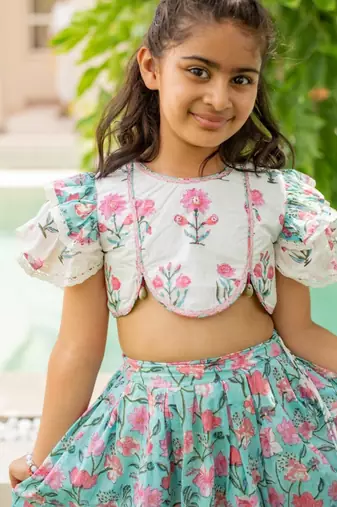 Blue cotton printed blouse and Lehenga for girls