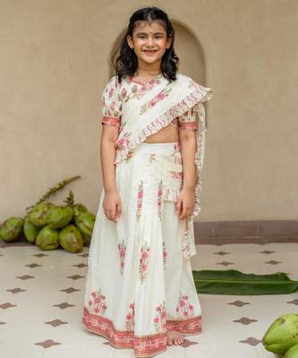White cotton printed blouse and saree lehenga for girls 1