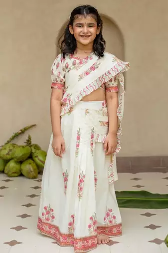 White cotton printed blouse and saree lehenga for girls