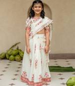 White cotton printed blouse and saree lehenga for girls