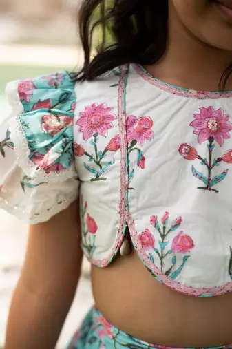 Blue cotton printed blouse and Lehenga for girls