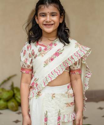White cotton printed blouse and saree lehenga for girls 2
