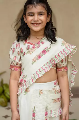White cotton printed blouse and saree lehenga for girls