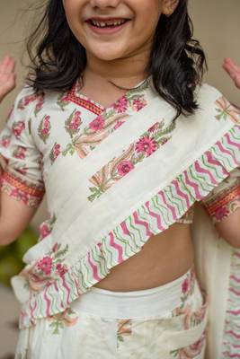 White cotton printed blouse and saree lehenga for girls 3