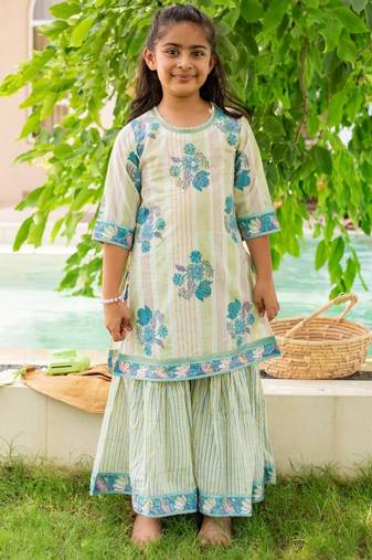 Blue cotton printed kurta palazzo and duppata for girls