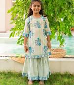 Blue cotton printed kurta palazzo and duppata for girls